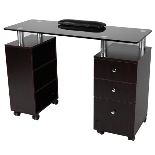 J & A USA Nail Table with Glass Top - Walnut